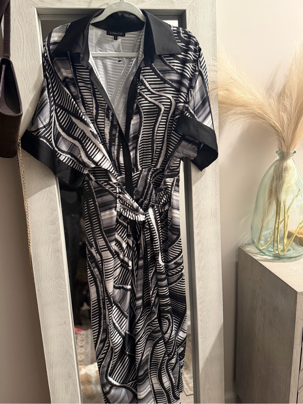 Black & White Geometric Shirt Dress with Tie Waist